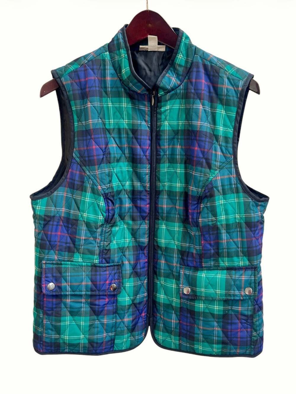 Appleseed's Quilted Vest Green Plaid Full Zip Pockets Sz Petite L PL Holiday
